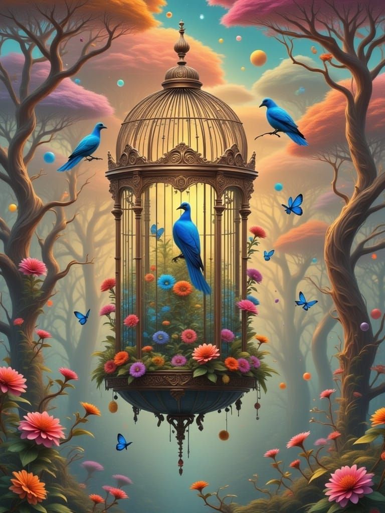 <lora:BLUEBIRD MILLENNIUM:1.0>
UKIO-E AN ANTIQUE RED PEACOOK INSIDE A FILIGREE GEORGIAN-STYLE CAGE, COLOURFUL-FLOWERED CREATION, 
3D FRACTAL...