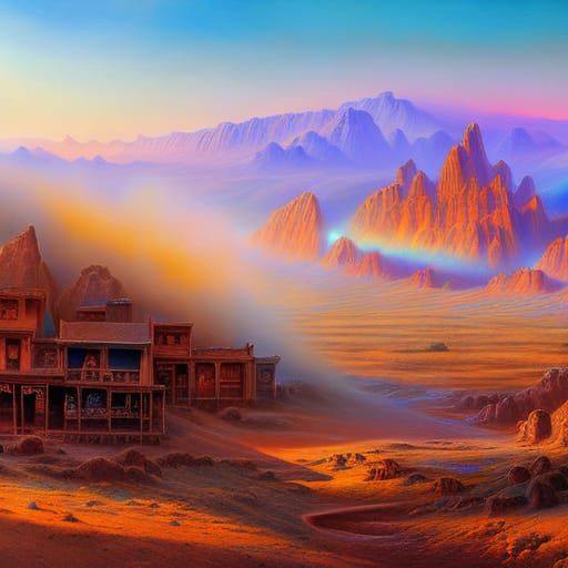 Iridescent Desert ghost town,amazingly hyperdetailed etherea...