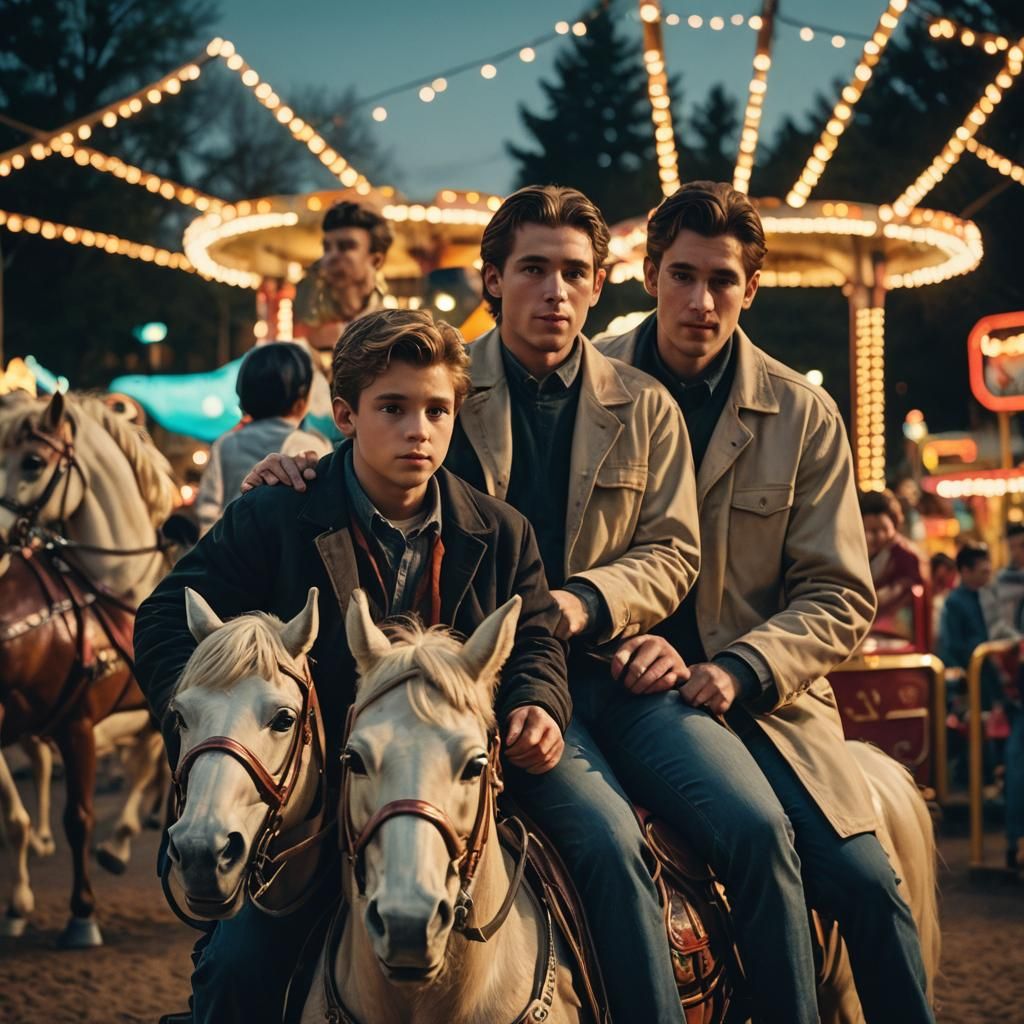 A man and his adult son riding children's coin operated hors...