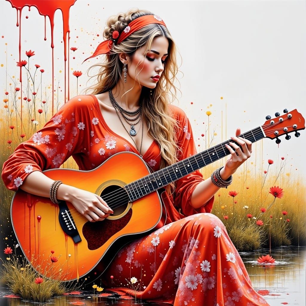 <lora:InkSplashFlux:1.0>  beautiful woman in hippie style, red pink floral dress, loose, long blonde hair, messy, braid,  necklaces, bracele...