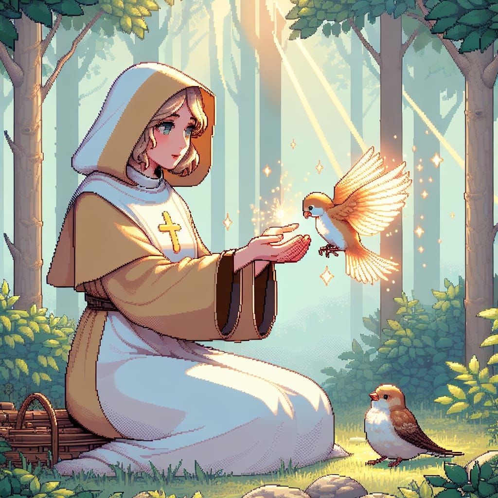 16-bit Cleric Heals Bird in Forest Glade