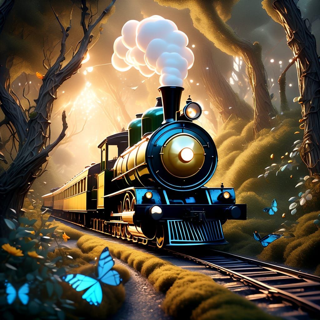  An antique steam train, entirely constructed from delicate, dew-kissed spiderwebs, chugs along a surreal, enchanted forest path. Butterflie...