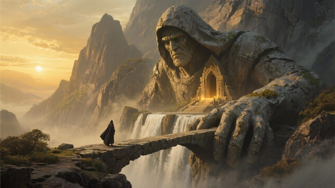 A colossal ancient stone guardian carved into a mountain cliff, shaped like a hooded giant with a weathered ...  by @Amresh Singh