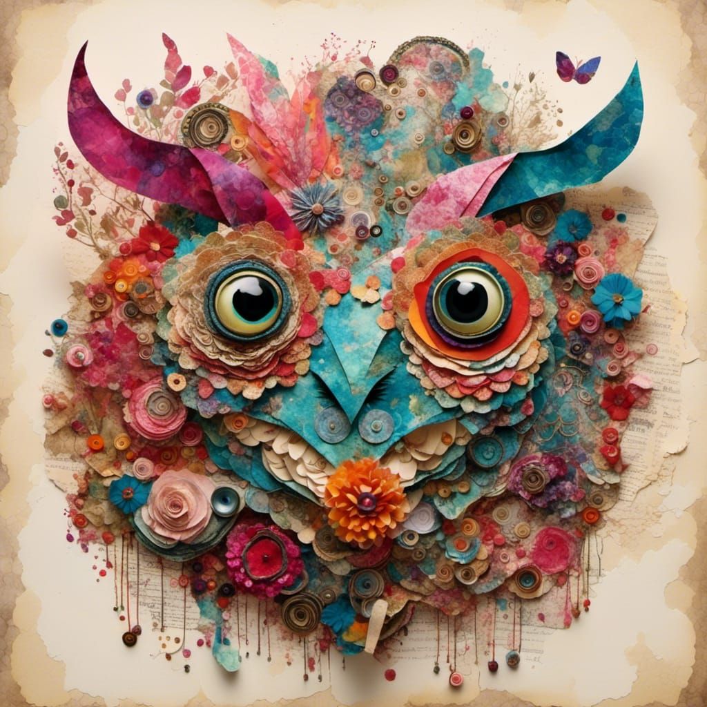 Fairy tale monster  <lora:Collage Machine 2:1.0> collage pronounced_layer_shadows :: pieces of picturebook_pages :: lace :: pieces of book_p...