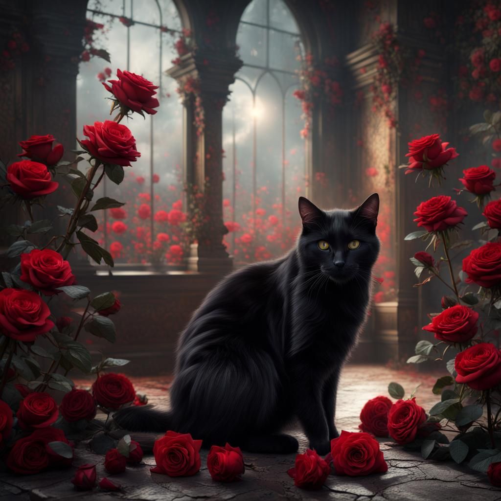 Black Cat Among Red Roses: Digital Matte Painting