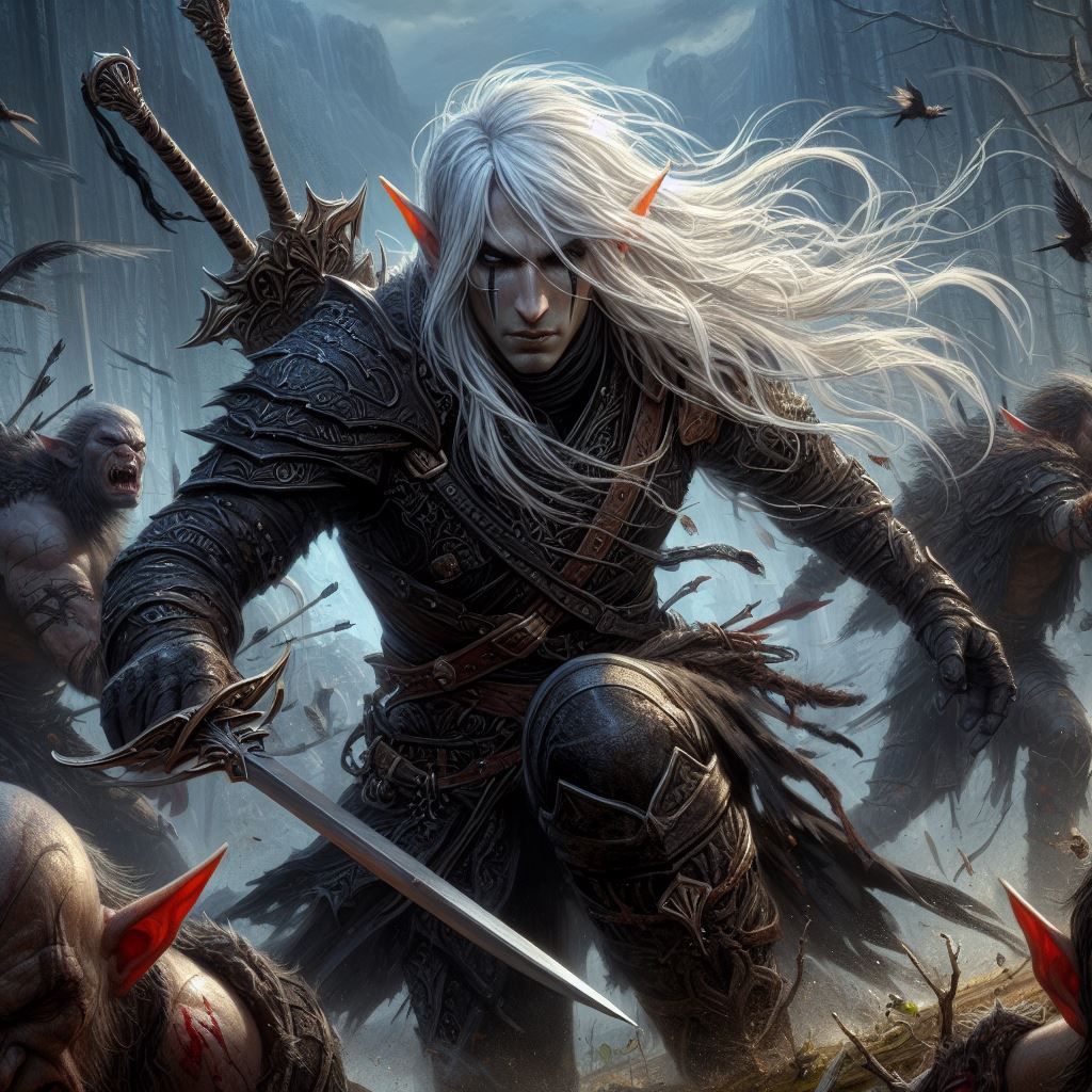 Dark Elf in Battle with Orcs