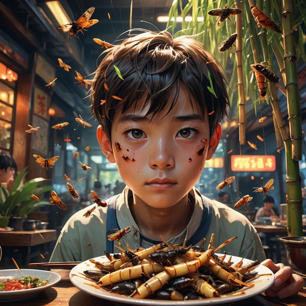 Realistic Anime Boy Eating Insects in China