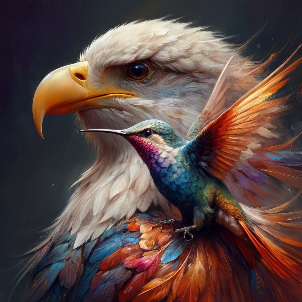 Delicate hummingbird is sitting on the shoulder of a Majestic Bald Eagle