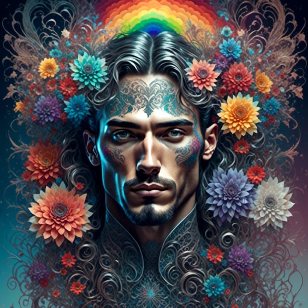 <lora:Alexandrite:1.0> Portrait of a man, transparent lace flowers, flower tattoos, lace flower background, young man with long hair, rainbo...