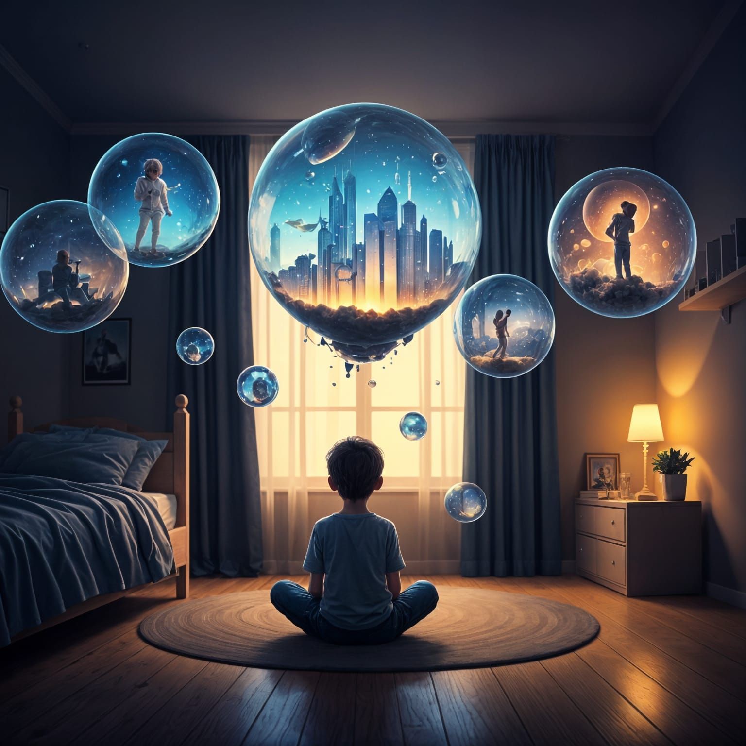 A young boy sits cross-legged in the center of his softly lit bedroom. Surrounding him, pastel-colored ...  by @KomBib