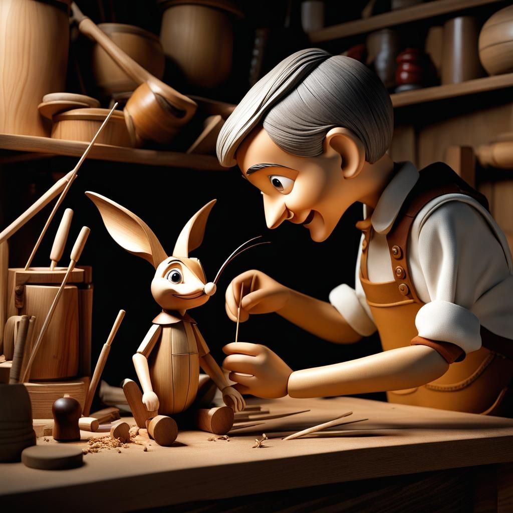 Wooden puppet in his puppet-making workshop 🧸  by @Yumi