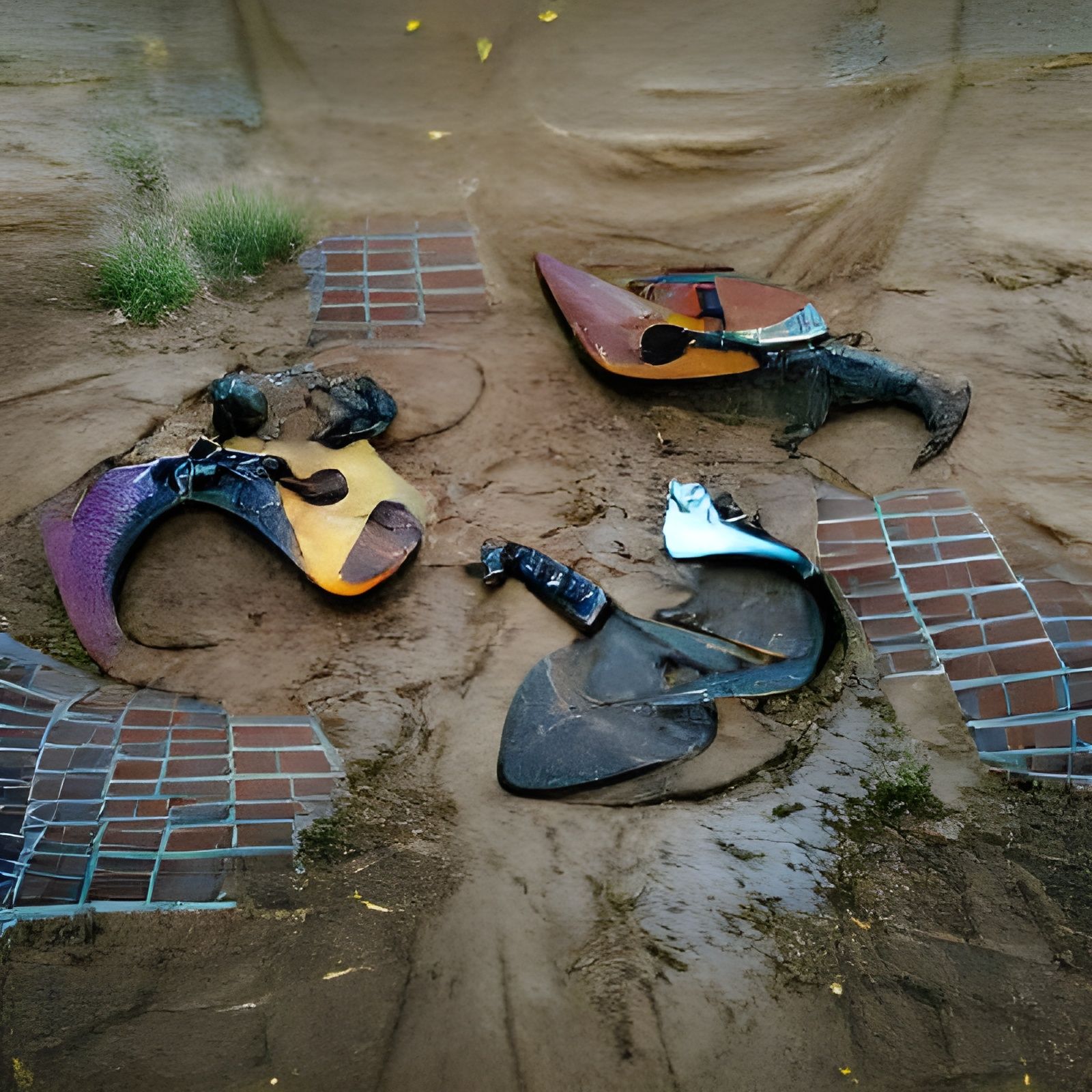 three broken guitars in wet dirt