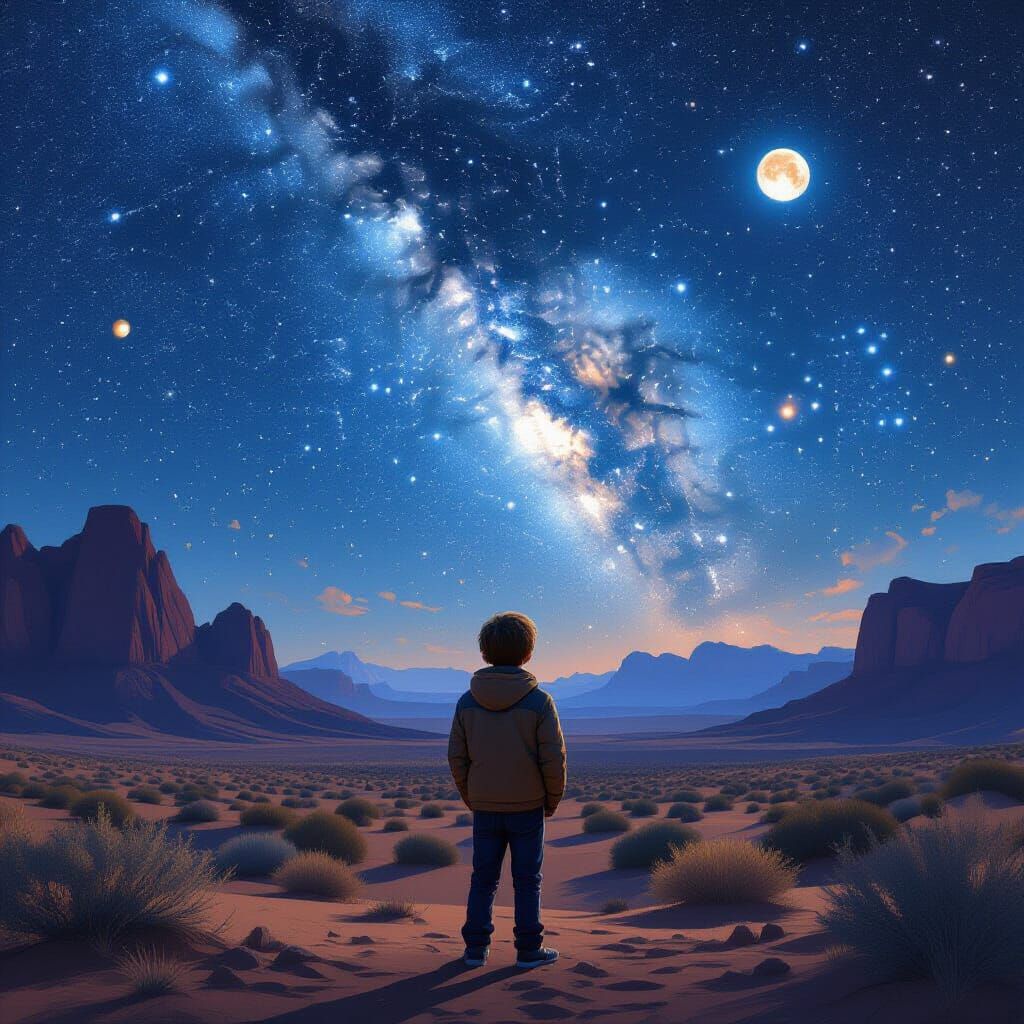 A boy standing in the desert during a clear night surrounded by mountains. He is looking at the stars. The Milky Way and moon are bright and...