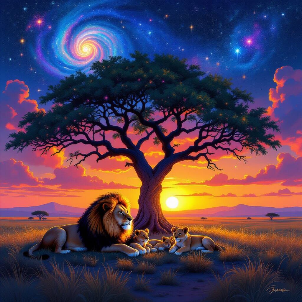 lion with cubs resting under a tree at sunset  by @undefined