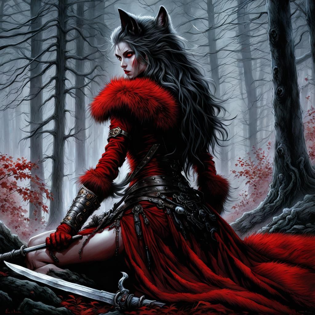 Hyperrealistic little red riding hood fights proudly with a weapon flail in a dark forest, revenge eyes, ...  by @Dark Magoo
