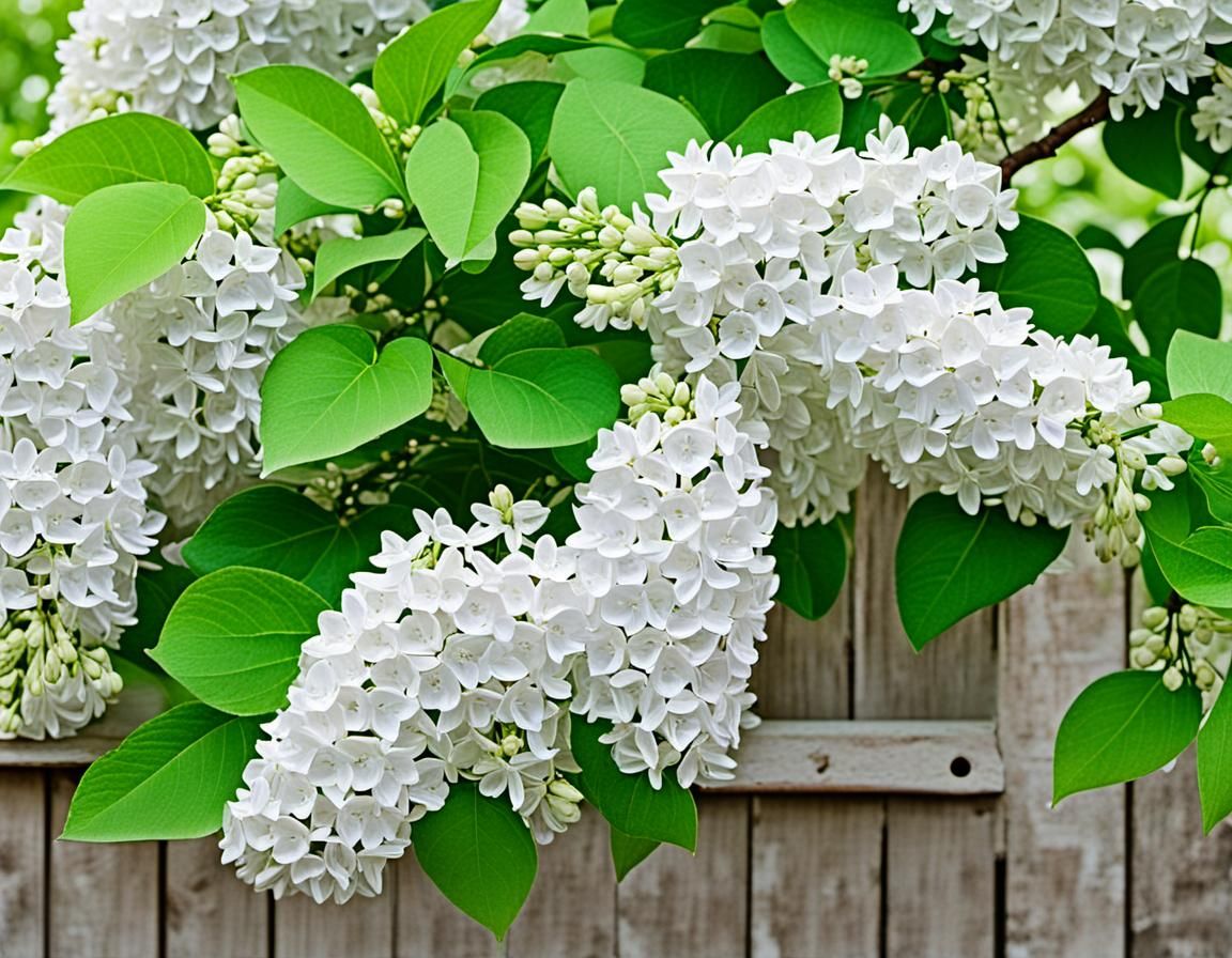 one lush branch of white lilac hanging over the bench