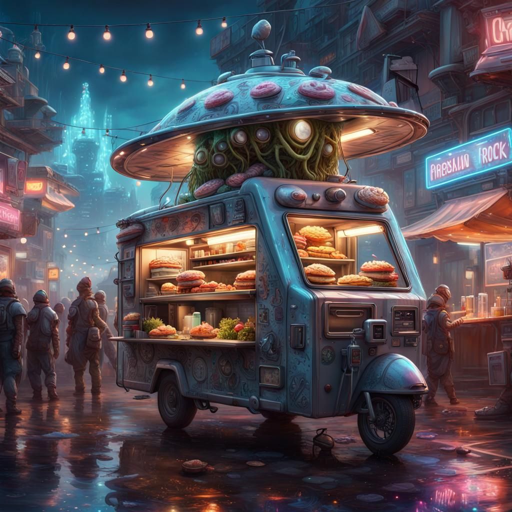 Cinematic Whimsical Robot wearing Alien Food Truck Chef hat, sci-fi Foodtruck. Wonderland Hyperrealistic, ...  by @Jake Naughton