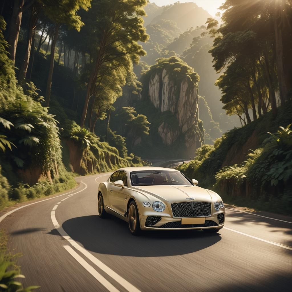 Cream Bentley Speeding Through Lush Landscape