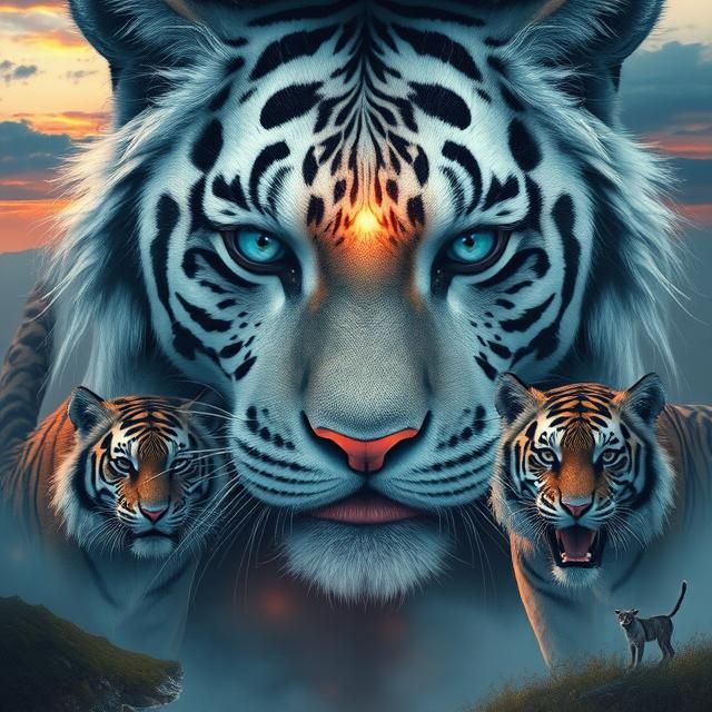 🌄 A mystical fusion of a woman with white tiger markings 🐾...