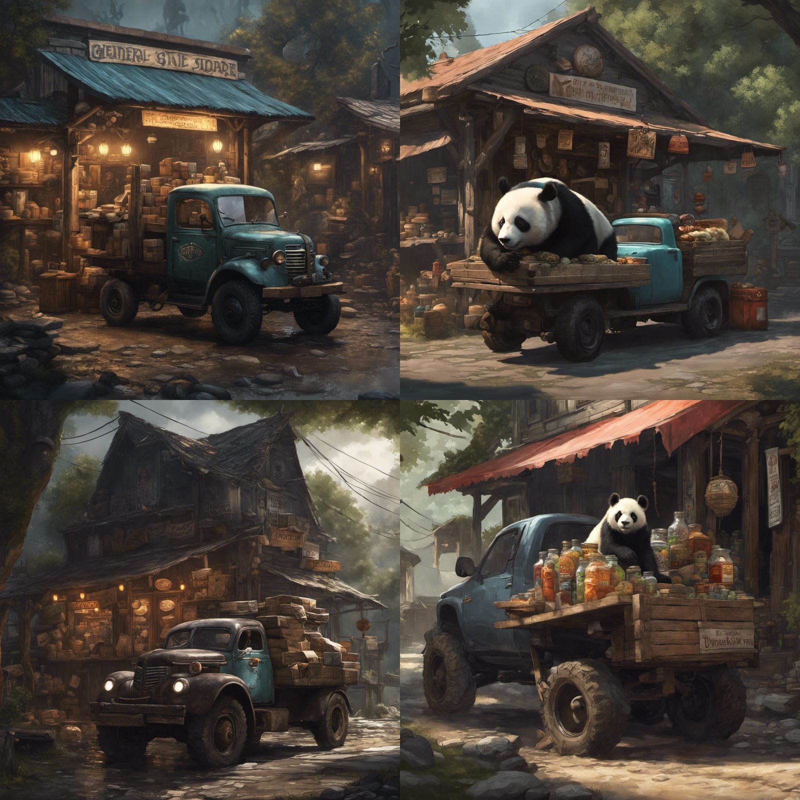 flatbed pickup delivering pandas to the general store, a mas...
