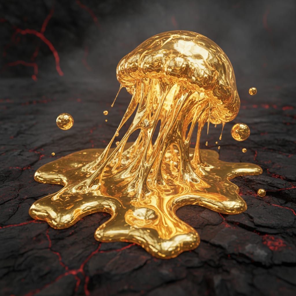 a life form made of liquid gold , hot melted gold that is alive , flowing living puddle of gold flesh ...  by @symon
