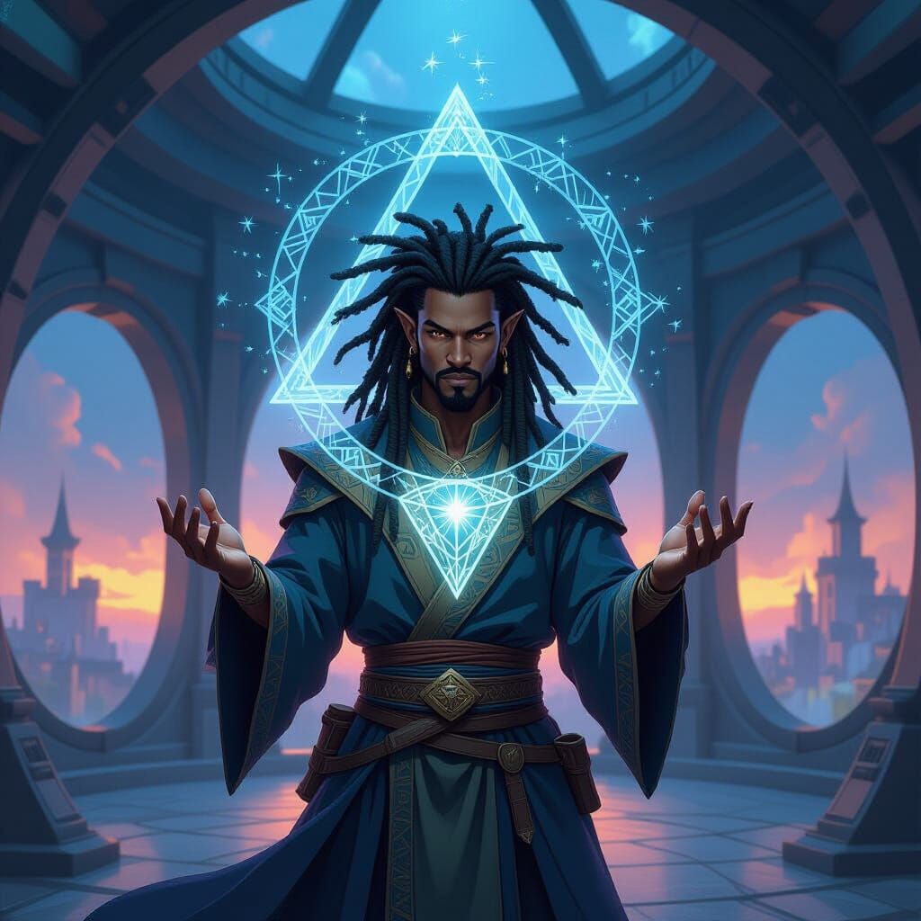 fantasy setting, african male wizard with dark hair in deadlocks, the male has slightly pointed ears, look close to a half-elf. his face sho...