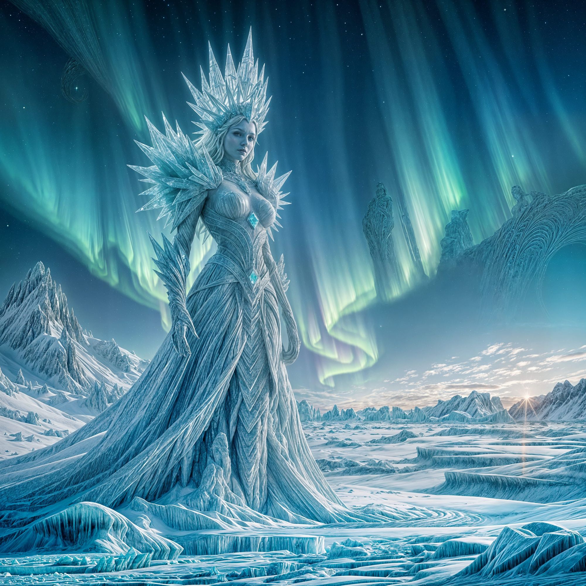 A colossal, ancient ice queen, carved from glacial ice and adorned with crystalline structures, stands watch over a frozen, alien desert pla...