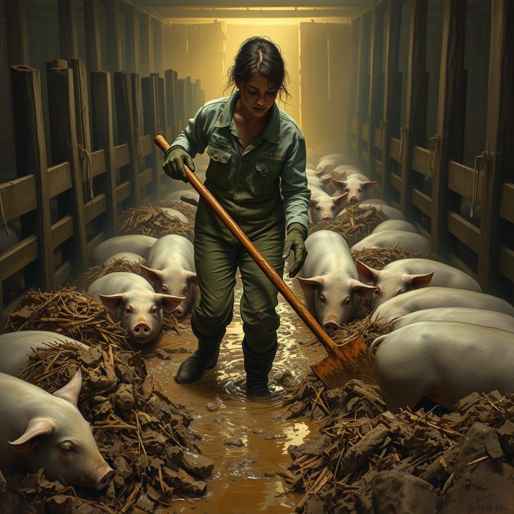 In the midst of a dark, dreary morning, a woman is deep in the muck of a pigsty. The enclosure, surrounded ...  by @Requiem