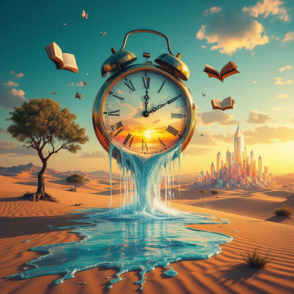 Surreal Desert Landscape with Melting Clock and Crystal City