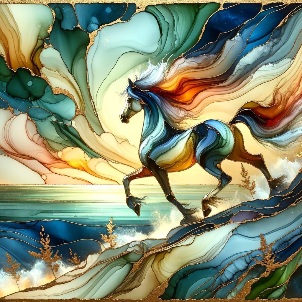 HD dramatic, dynamic, captivating vibrant Stunning, Dynamic pose Horse standing on a windy cliff looking ...  by @The talented Pelmoni