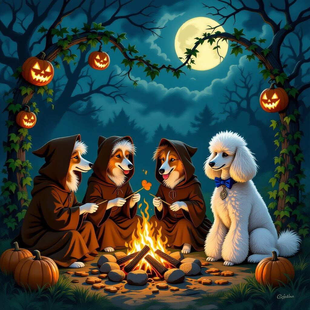 Canine afterlife harvest festival scene featuring brown- hooded, robed, tawny teenage collies roasting bone biscuit treats on sticks. Include one whi...