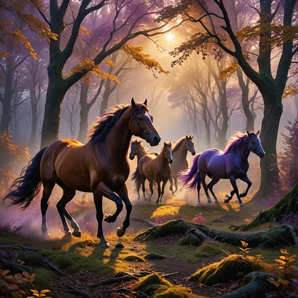 Horses Galloping Through Misty Forest: Oil Painting