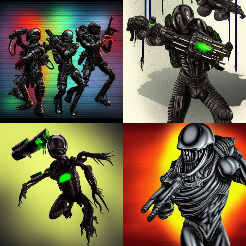3 Xenomorphs, 4 Marines, Neon, firefight, death, machine gun...