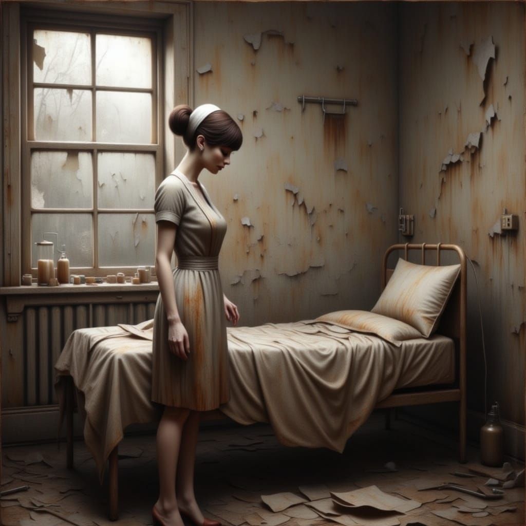Silent nurse in this rusted room so warm
A haunting spirit, yet love can transform
Her star glides in, to lift her high
With tender dreams,...