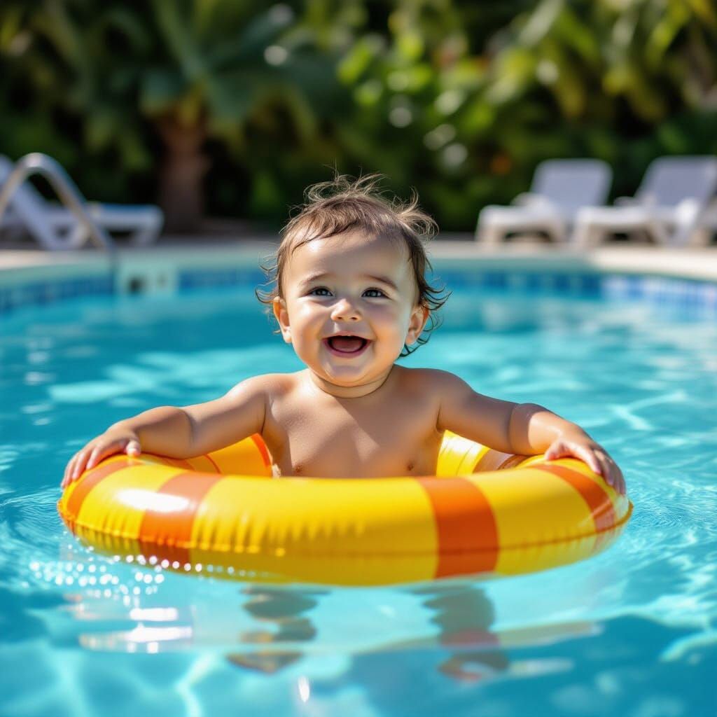 Baby Laughing in Pool with Inner Tube