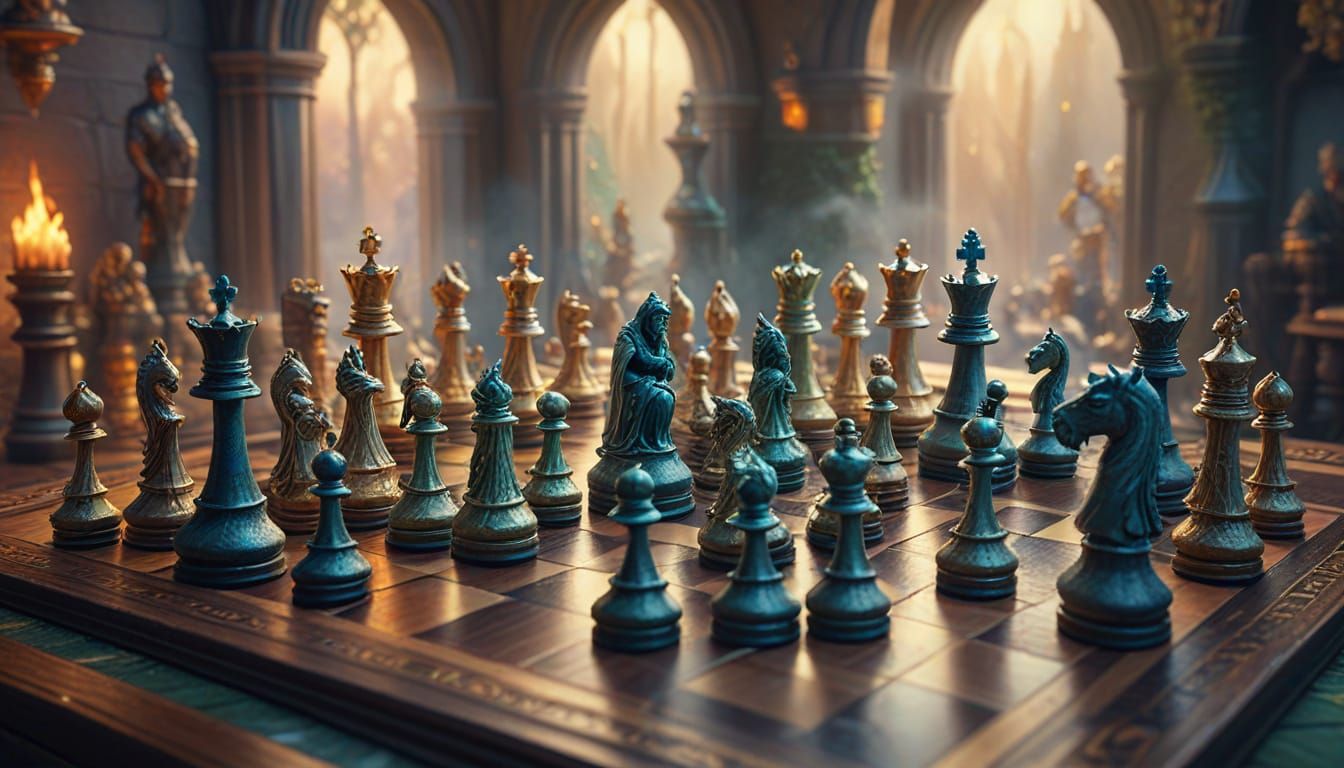 A complete chess set, with fantastic figures related to the world of The Lord of the Rings. Hyper-detailed. HD 8K ethereal fantasy hyperdeta...