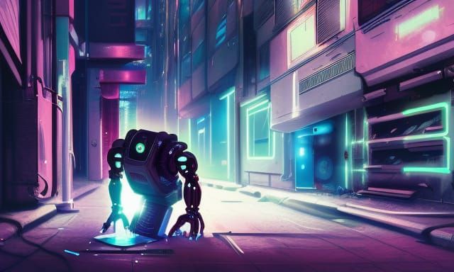 Robot fixing itself in an alley