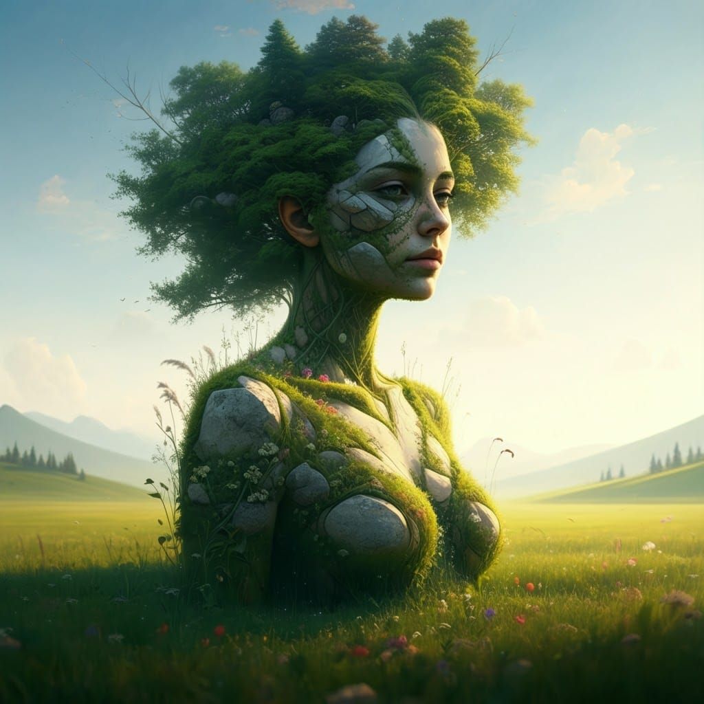 Surreal concept art of The form of the maiden who is lying down , she is the landscape and it forms her dress, creating hills and valleys of...