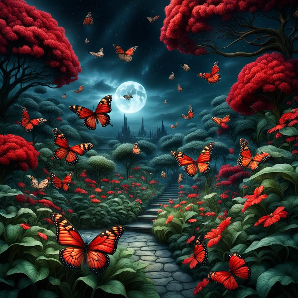 lush garden of butterfly's surrounded by red, dark sky.