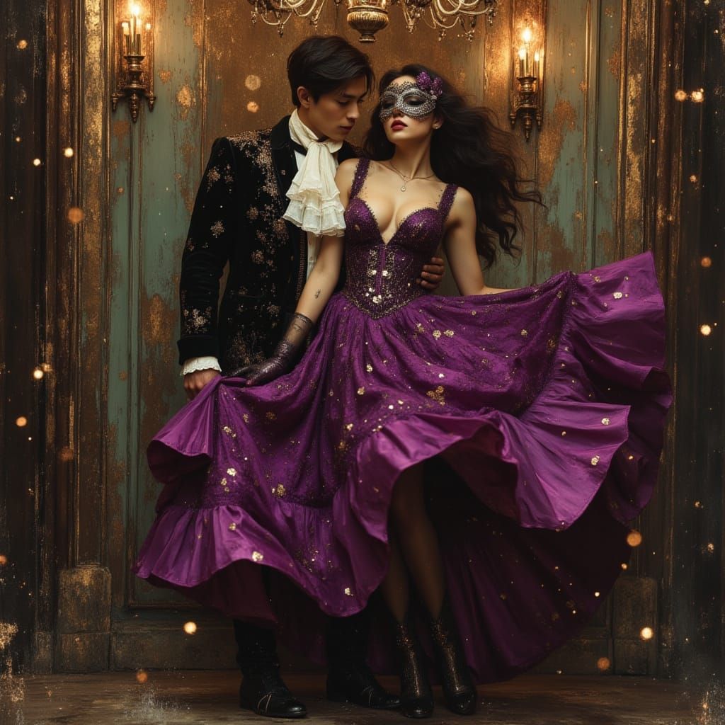 Woman in Plum Gown Dances with Man in Tailcoat