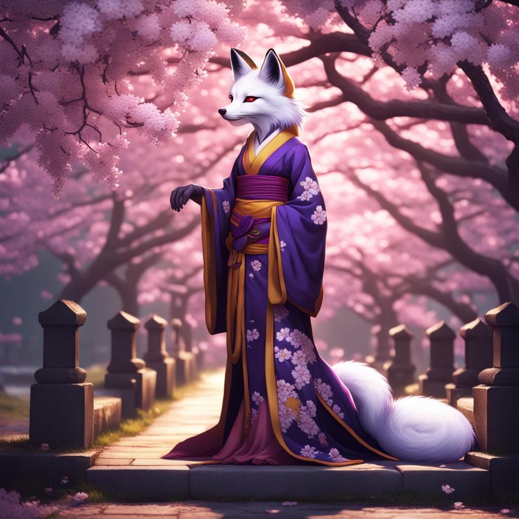 Elegant kitsune among the cherry blossoms