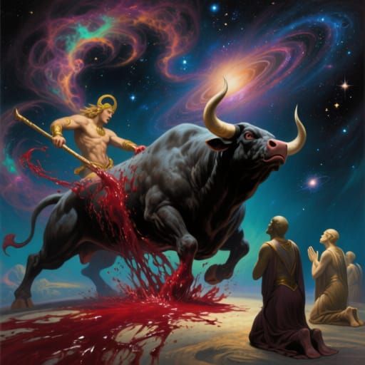 Mithra was killing a biggest bull. The bull's flooding boold became galaxies. Human bind their knee for respect to mithra...