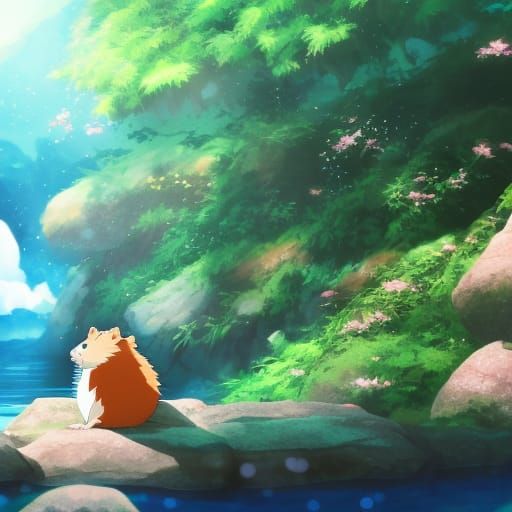 Hamster Swimming Waterfall in background