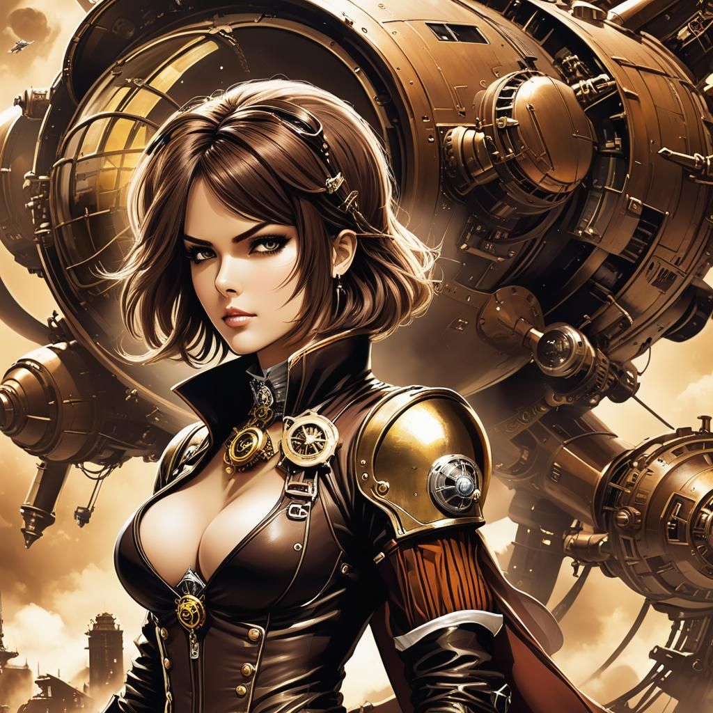 A sepia tone “wanted poster of beautiful badass steampunk fe...