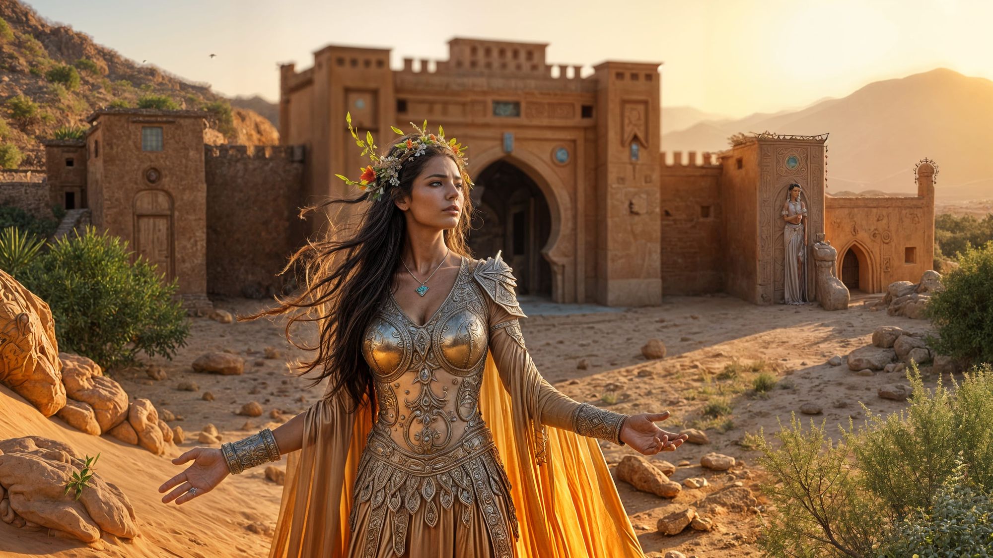 A majestic divine goddess representing nature and fertility stands gracefully in the foreground, embodying the essence of the earth and life...