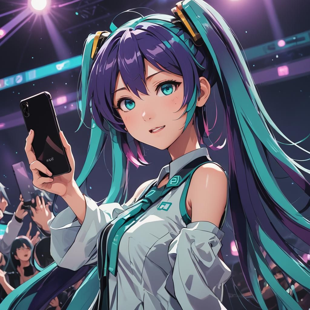 Hatsune Miku with dark purple hair taking a selfie on stage.