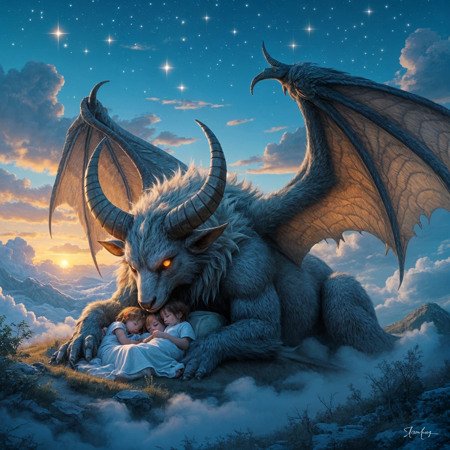 A colossal, horned sky beast soaring above the clouds, with ancient, weathered wings outstretched. It ...  by @Zhopen