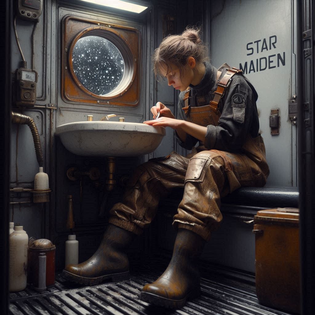 In the restroom of an old spacefreighter, a tired female wor...