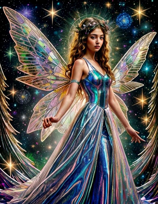 Holographic Christmas Fairy Holding a Gift in Mosaic Style