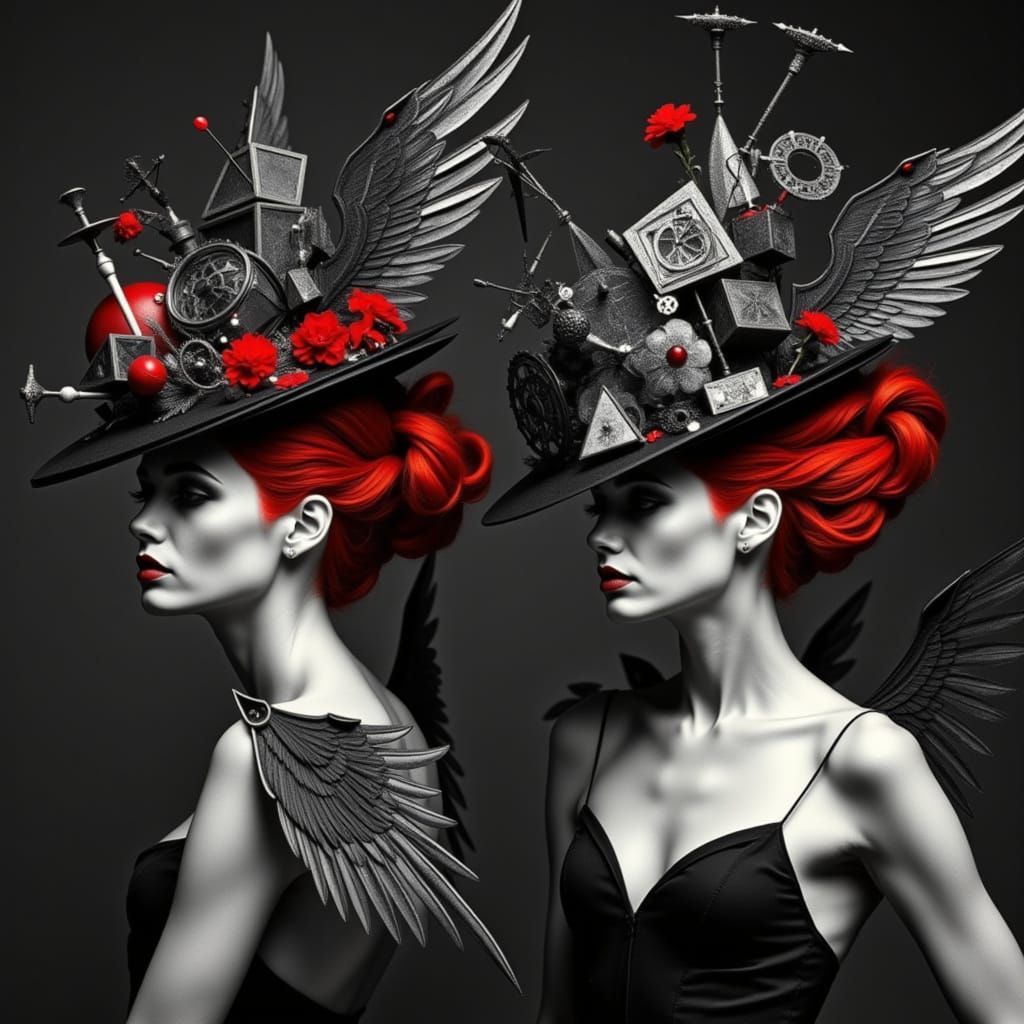 <lora:Ginger Red:1.0>  Create a black and white photogram-style image  with geometric winged Victorian  Steampunk   hats with art installati...